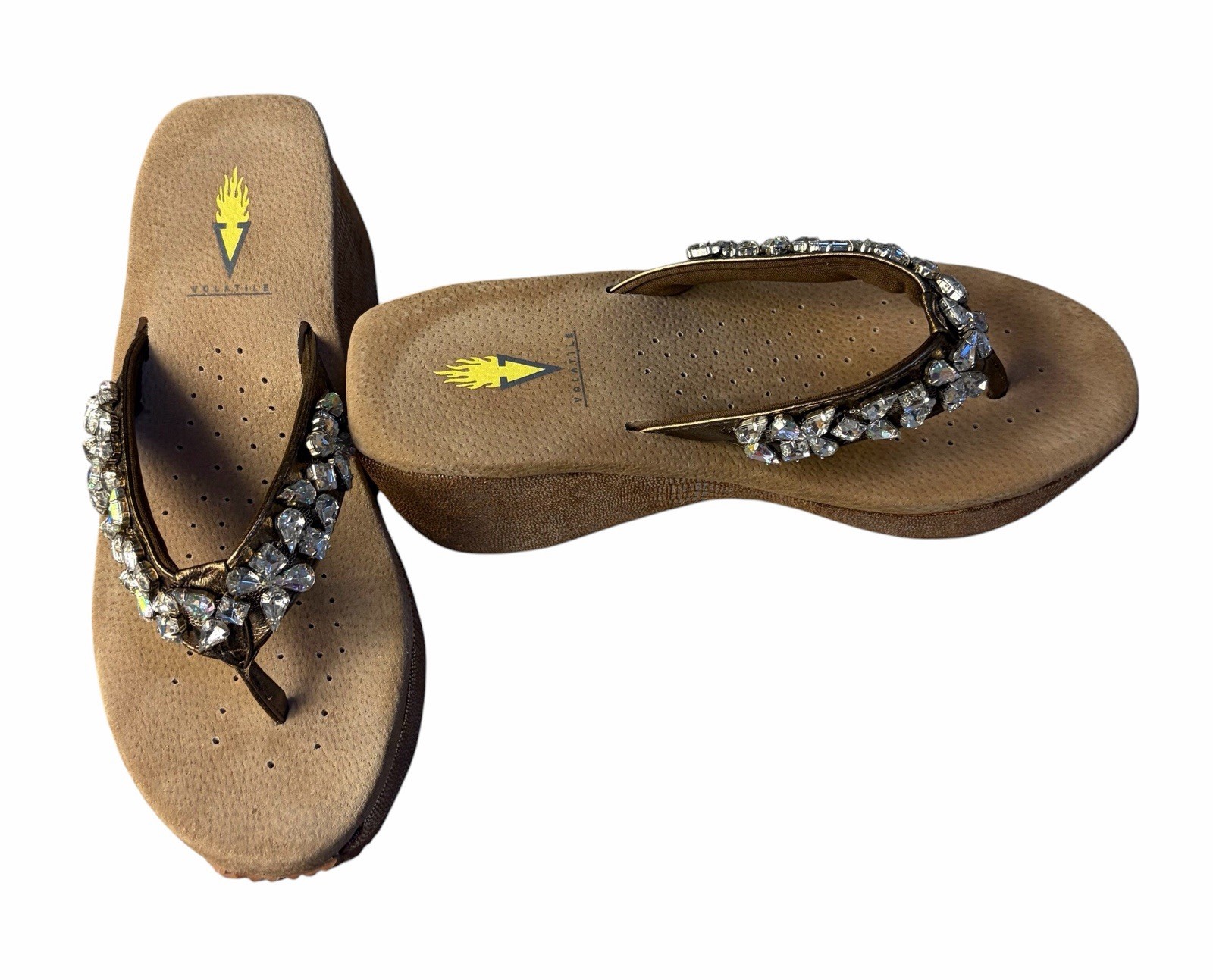 VOLATILE Rock Candy Bronze Suede Leather Upper Rhinestone Wedge Sandals 9