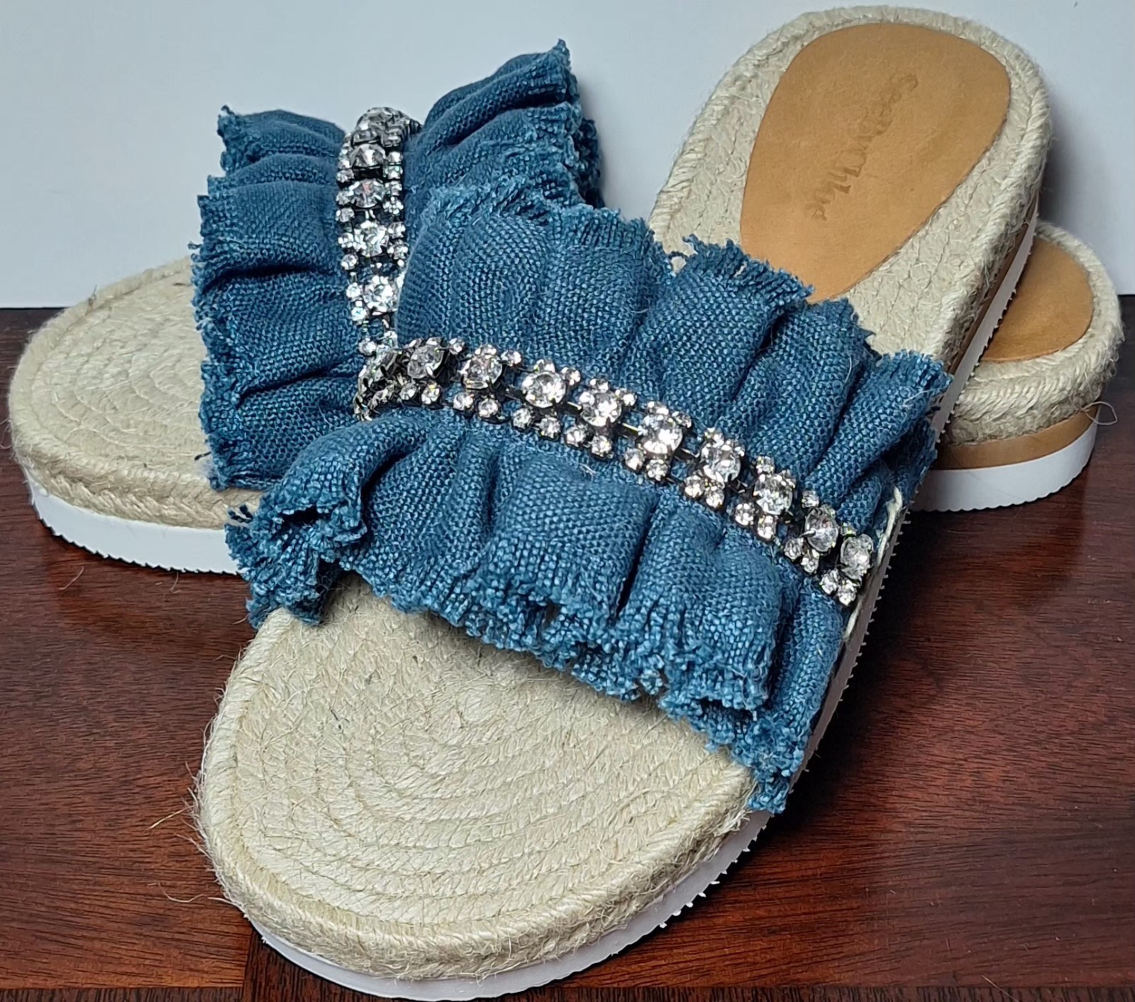 See by Chloe Mollie Blue Canvas Rhinestone Espadrille Slides w/ Box Card Sz 40