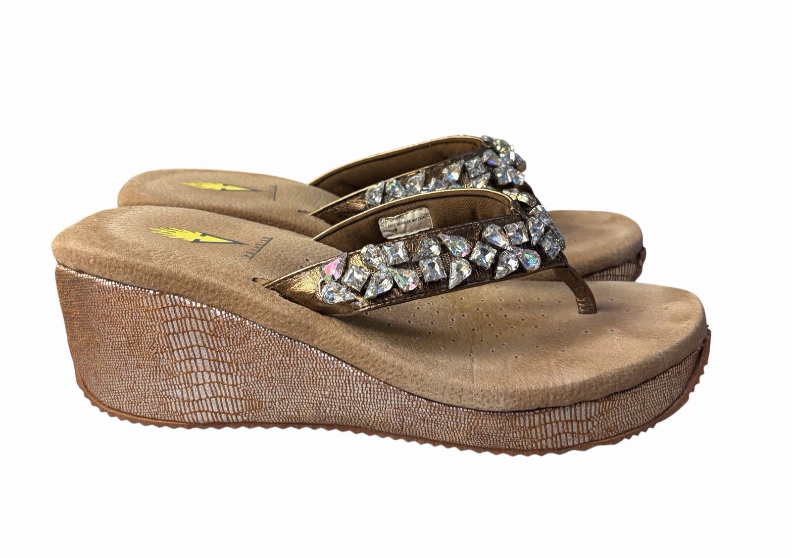 VOLATILE Rock Candy Bronze Suede Leather Upper Rhinestone Wedge Sandals 9