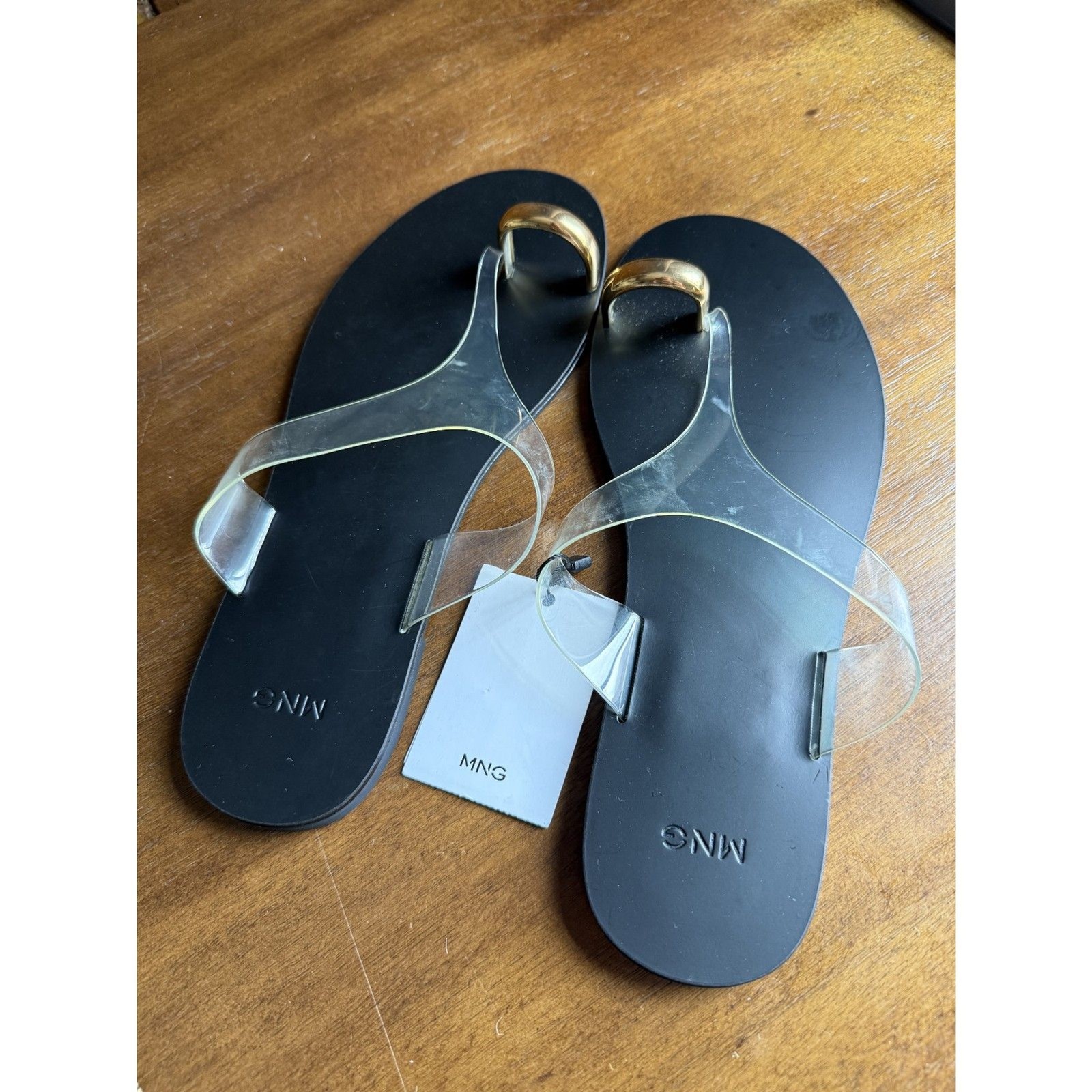 Mango Clear PVC Toe Ring Flat Sandals Black Gold NWT Size EU 39 US 8.5-9