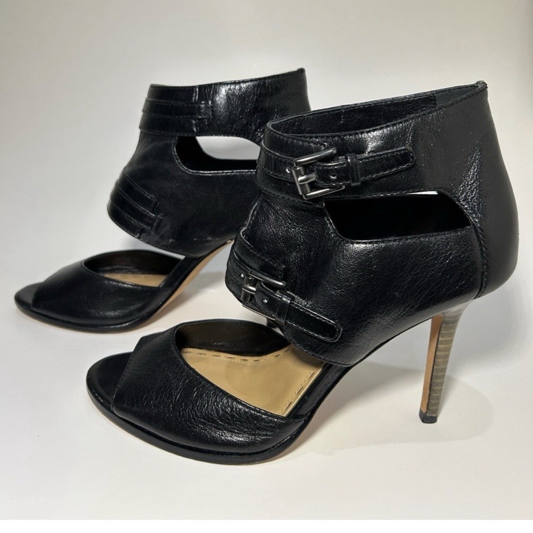 Coach Black Leather Ankle Strap Sandals Open Toe Buckle Stiletto 7.5B