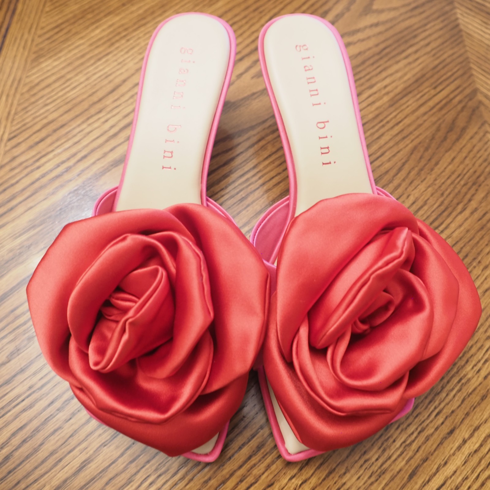 GIANNI BINI Alana Hot Pink Satin Rose Accent Med Heel Dress Sandals Size 8M