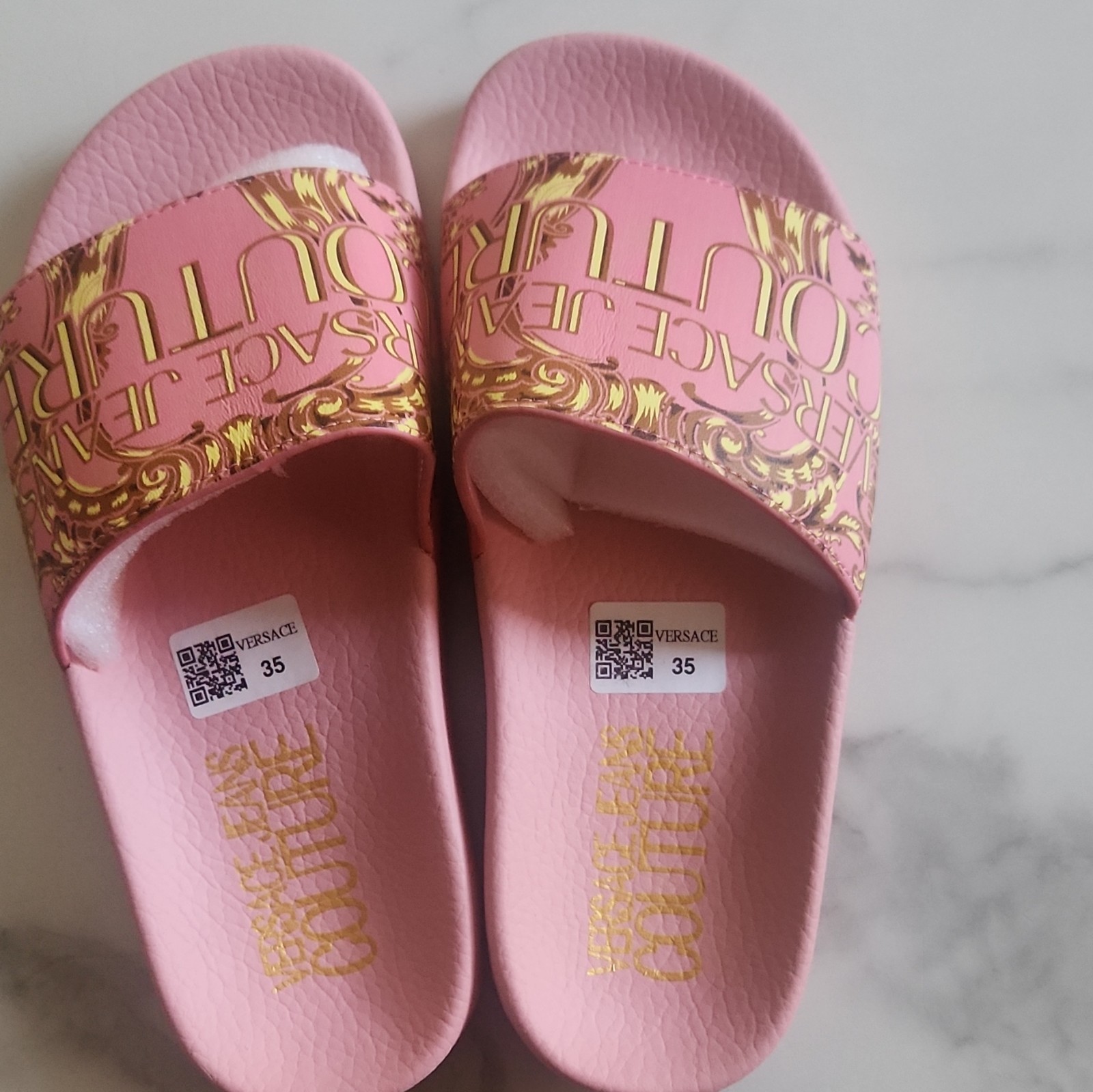 Versace Jeans Couture Logo Pink/Gold Slide Sandals Women’s US 3.5 EU 35