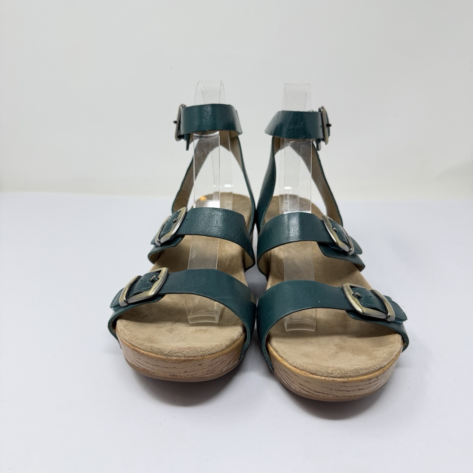 Dansko Lou Women’s 39 8 Wedge Sandals Ankle Strap Teal Green Leather Comfort