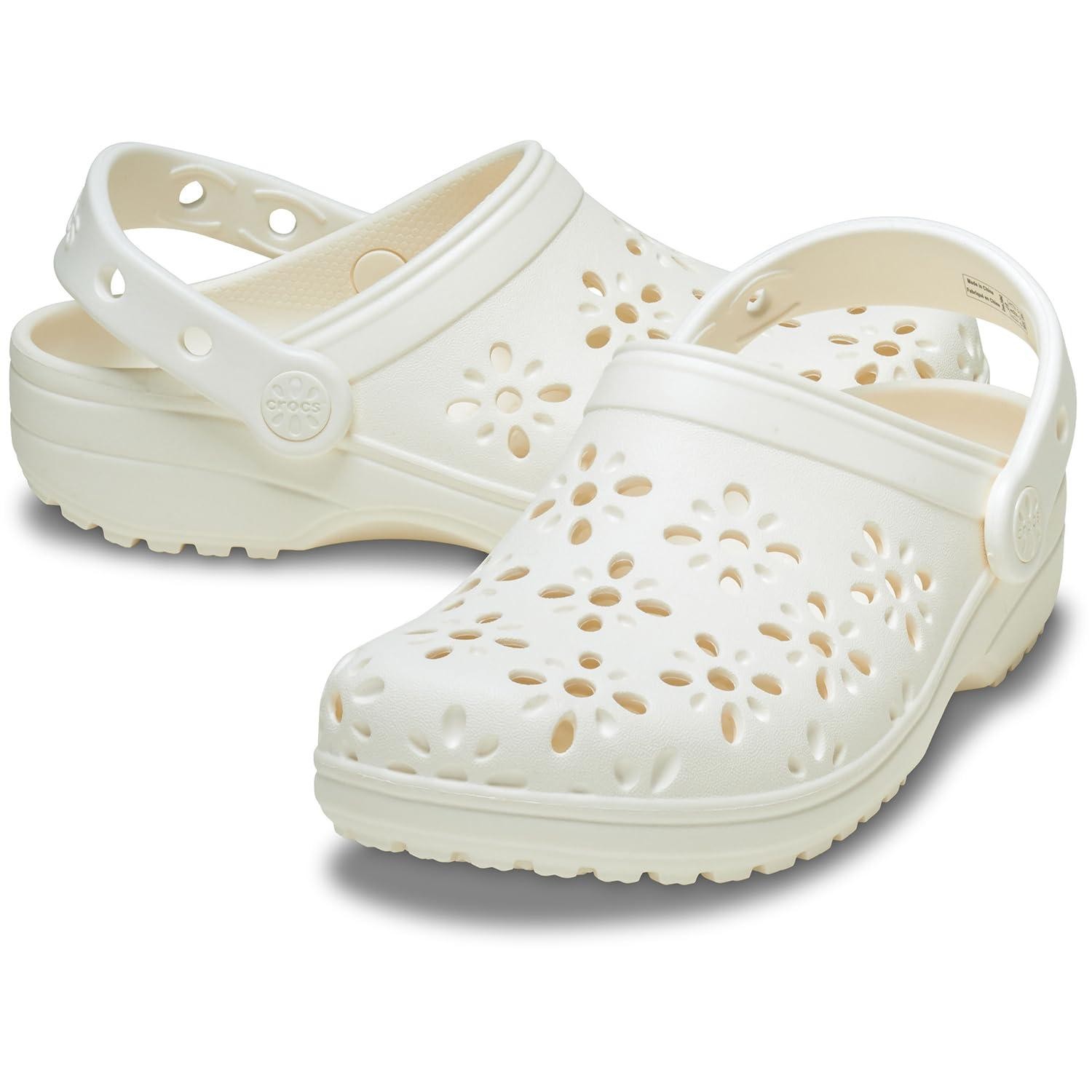 Crocs Womens’ Classic Clogs with Floral Cut Out Design Slippers – Chalk