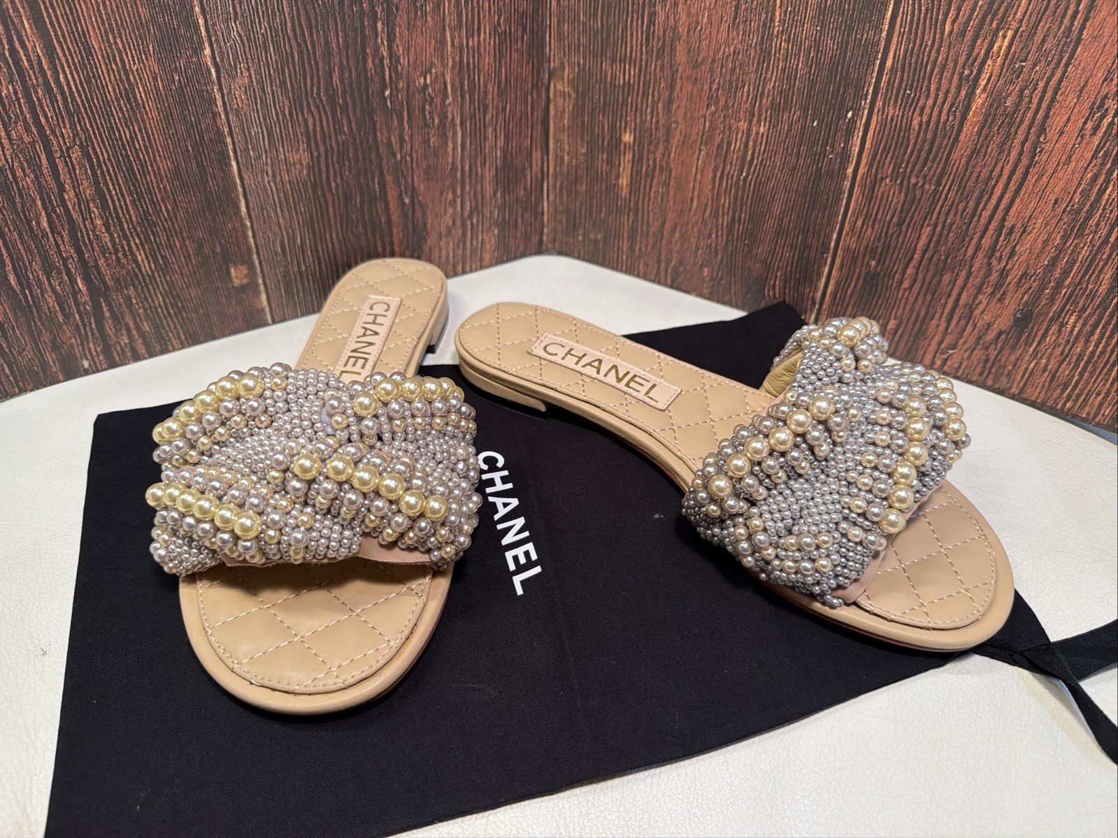 CHANEL Cuba Silver Gold Beige rope pearl twist slipper sandals EU37