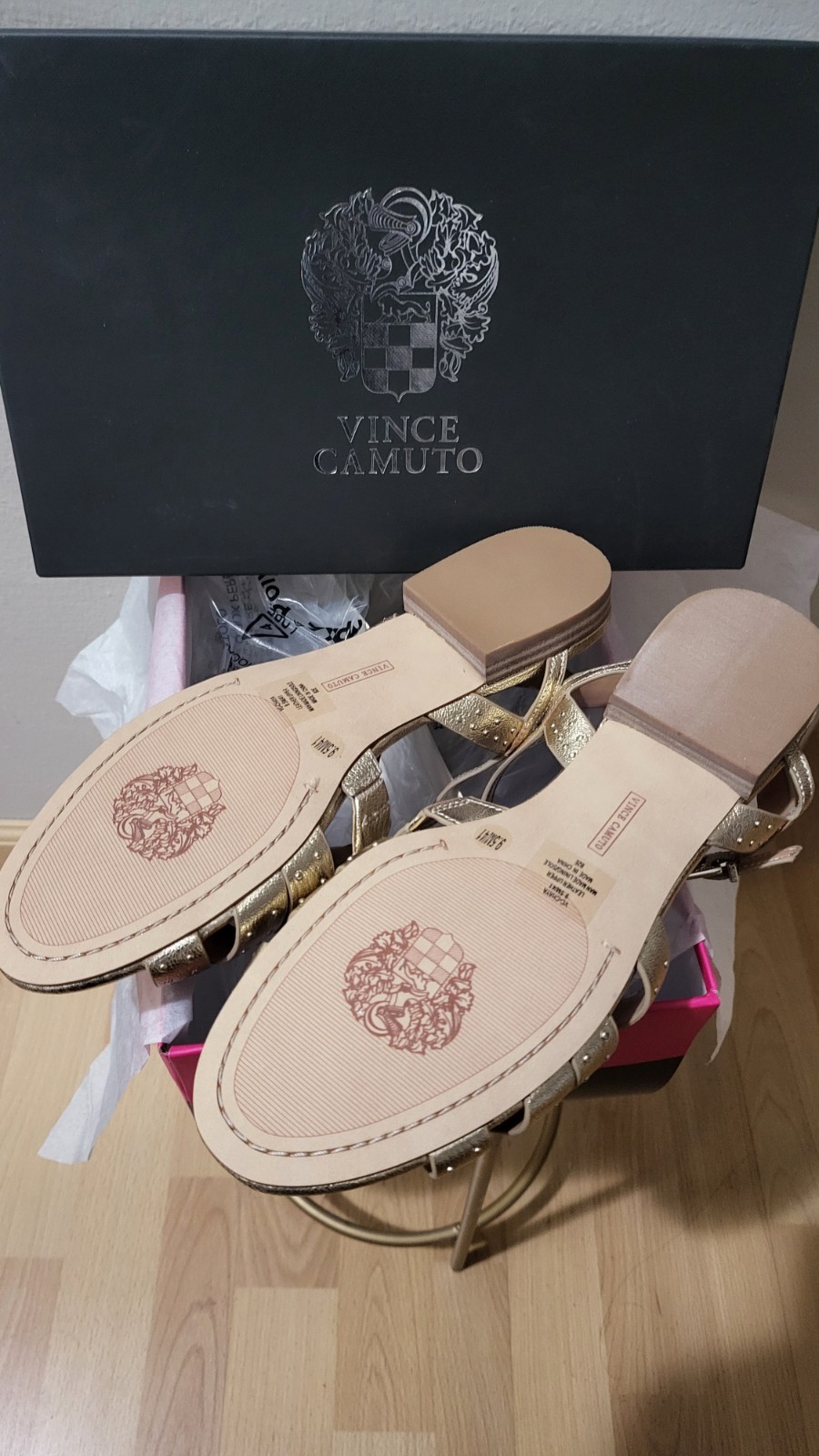 Vince Camuto Women’s Leather Gold Strappy Ankle Strap Studded Sandals 9.5M Box