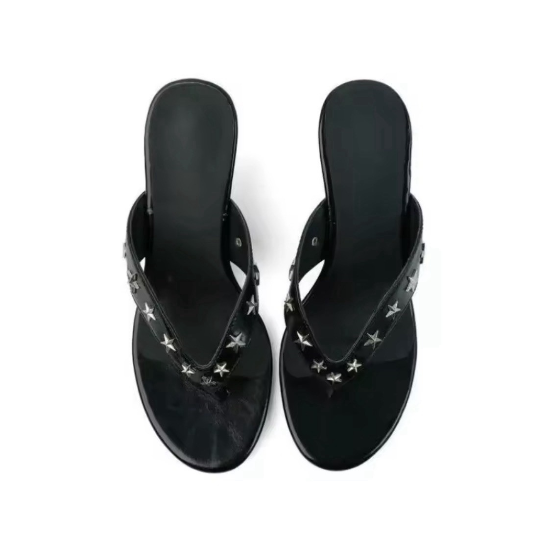 Women’s Black Leather Thong Slip-On Sandals Studded Solid US Size 8