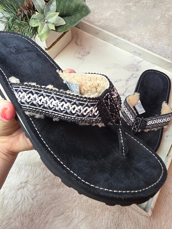 Ugg Women’s Size 7 Tasmina Black Shearling Lined Flip Flop Sandals