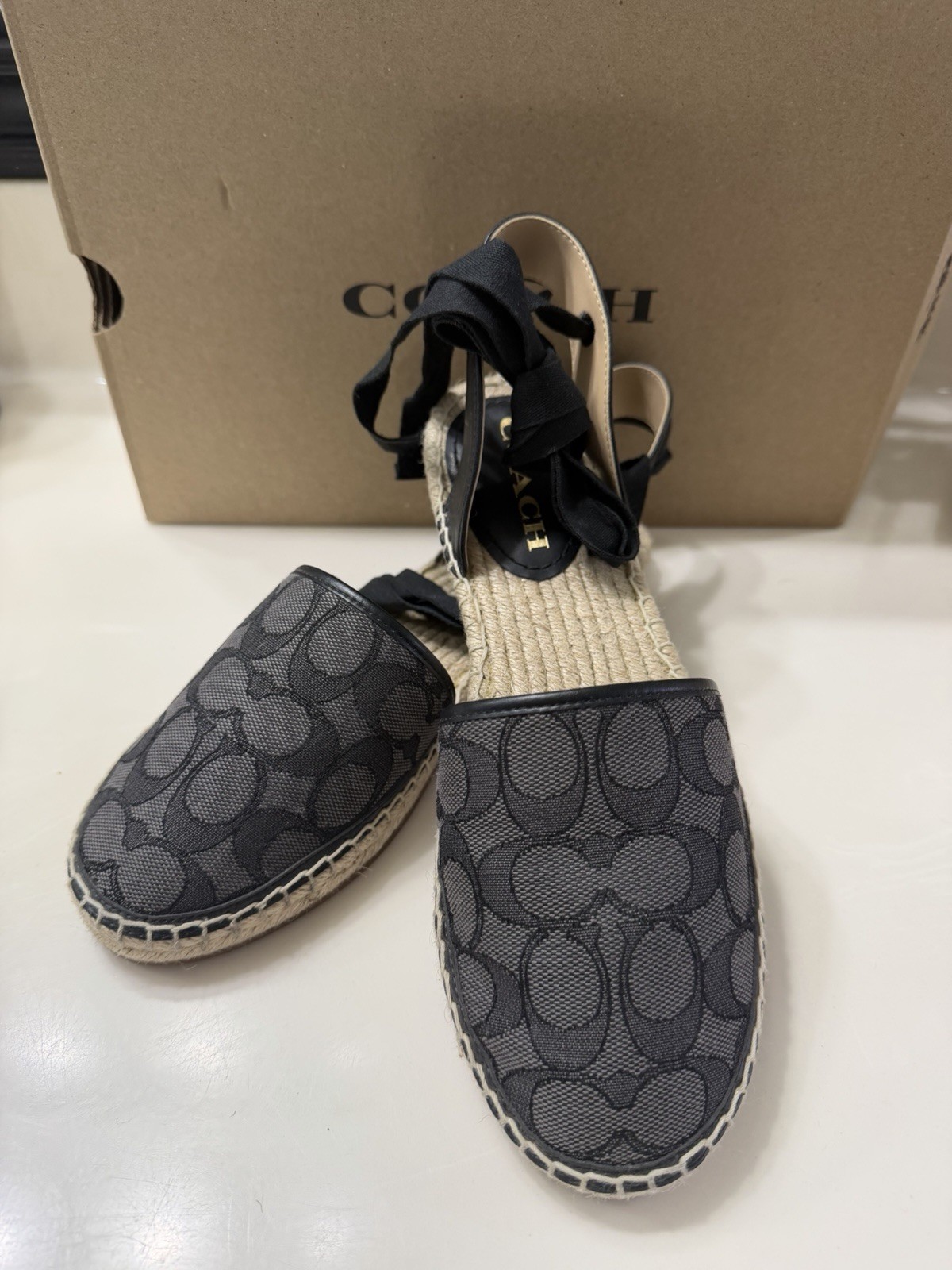 Coach Signature Black Logo Espadrille Sandals Ankle Strap Tie Closure