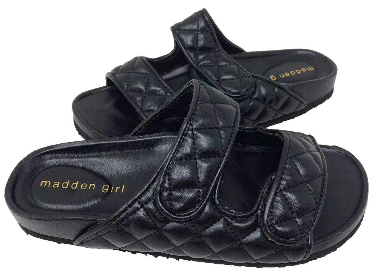 Madden Girl Women’s Briaa Double Strap Quilted Slide Sandals Black Size:6.5 88E