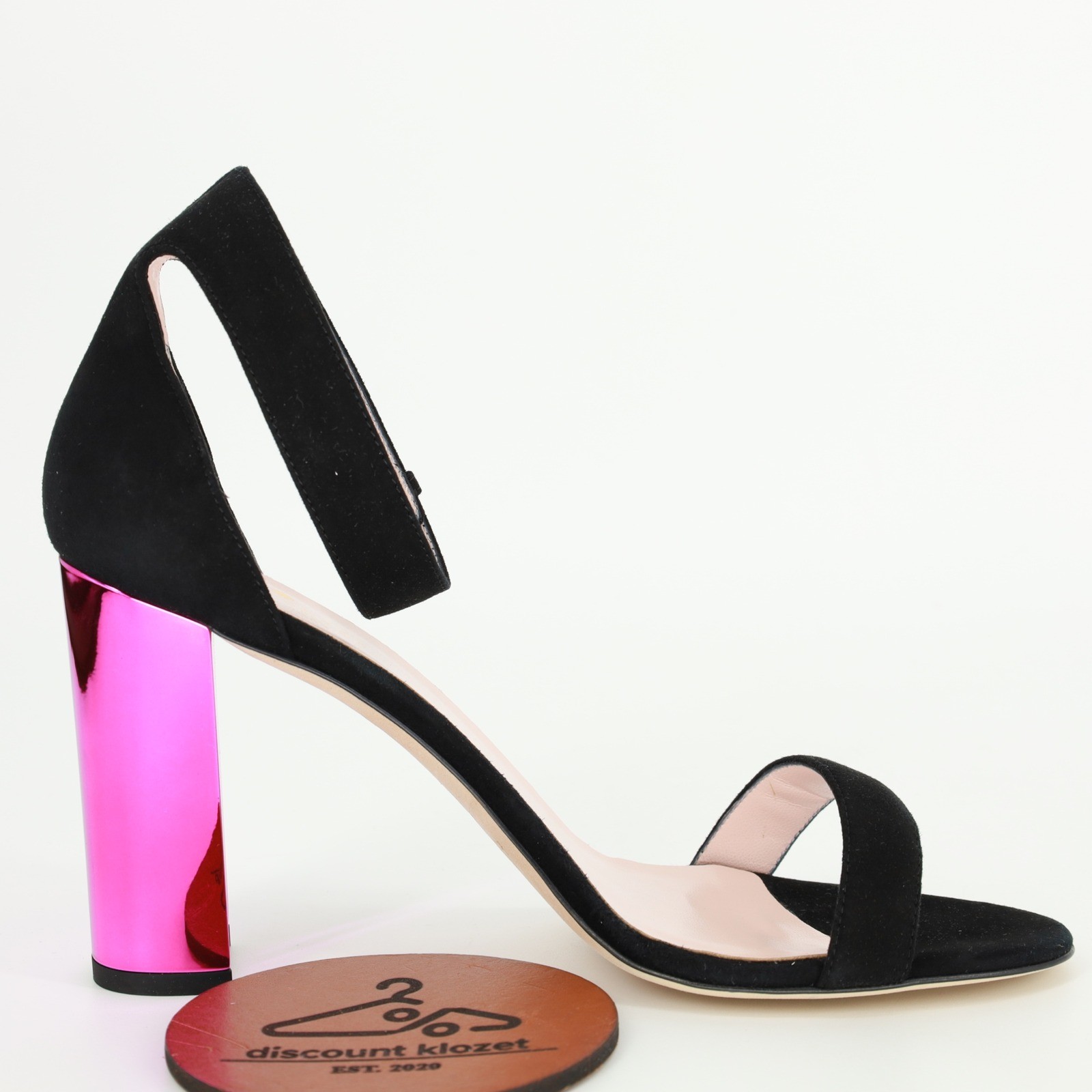 Kate Spade Ilona Too Black Kid Suede Fuchsia Mirror Block Heel Sandals 9.5M