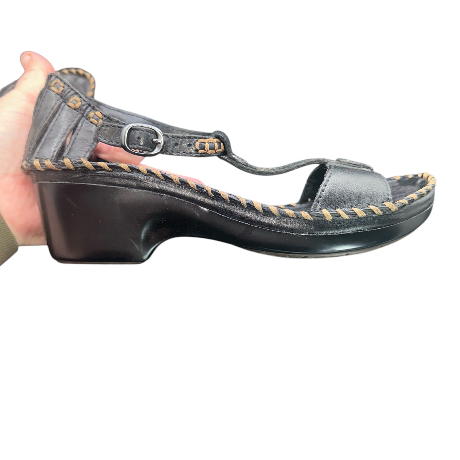Ariat Leather Wedge Sandals 7.5 B Black Stitch Detail Comfort Slingback