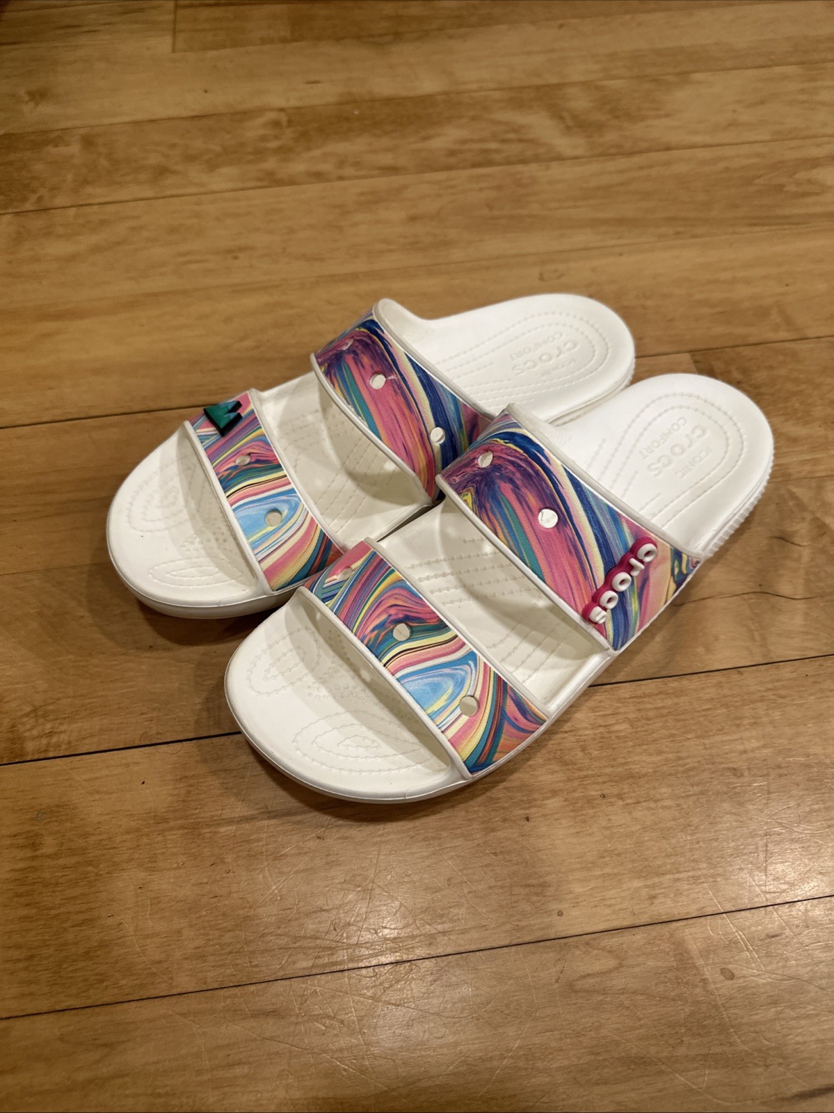 Crocs Classic Iconic Comfort Size M11 Multicolor Rainbow Slip On Sandal