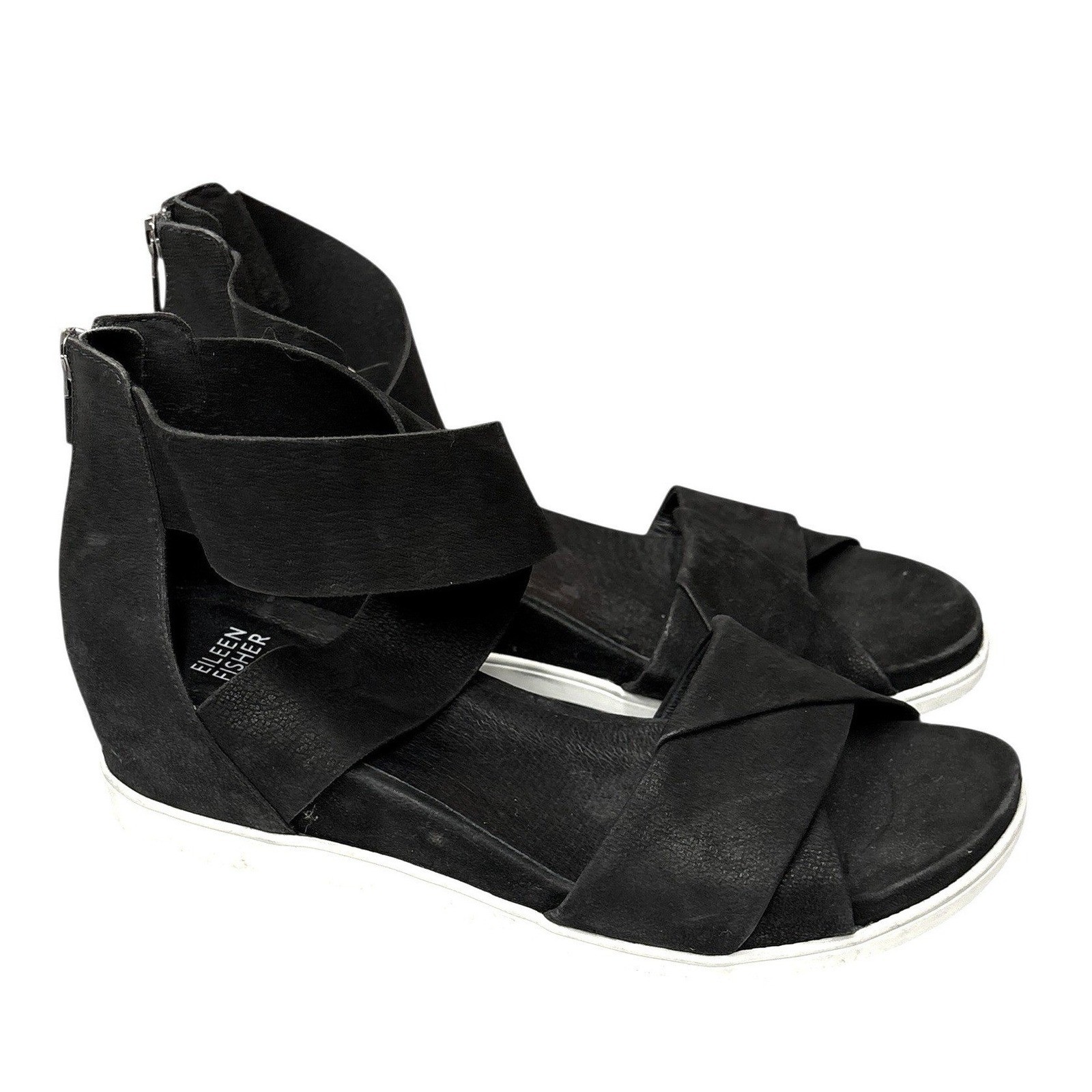 Eileen Fisher Viv Tumbled Black Nubuck Wedge Sandal Resort Travel Casual 9