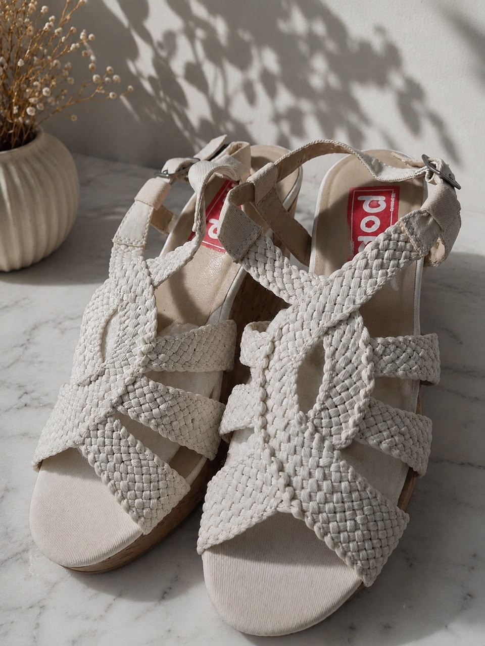 POP Women’s Beige Strappy Wedge Sandals with Buckle Ankle Strap US 11 M