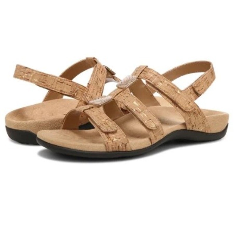 VIONIC Amber Adjustable Sandals Size 8 Gold Cork Flat Casual Travel Comfort