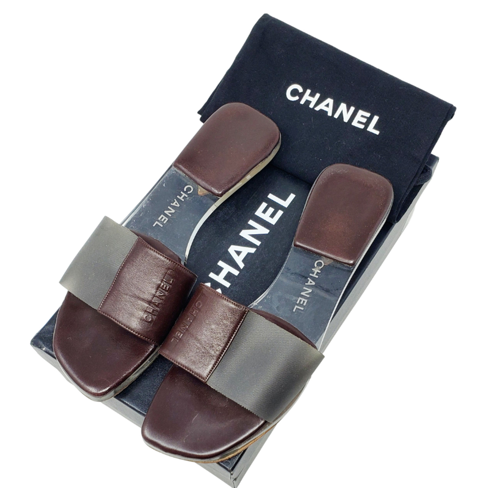 Chanel Sandals Brown Leather Flat Slides LOGO Clear Block PVC Mules EU 36.5