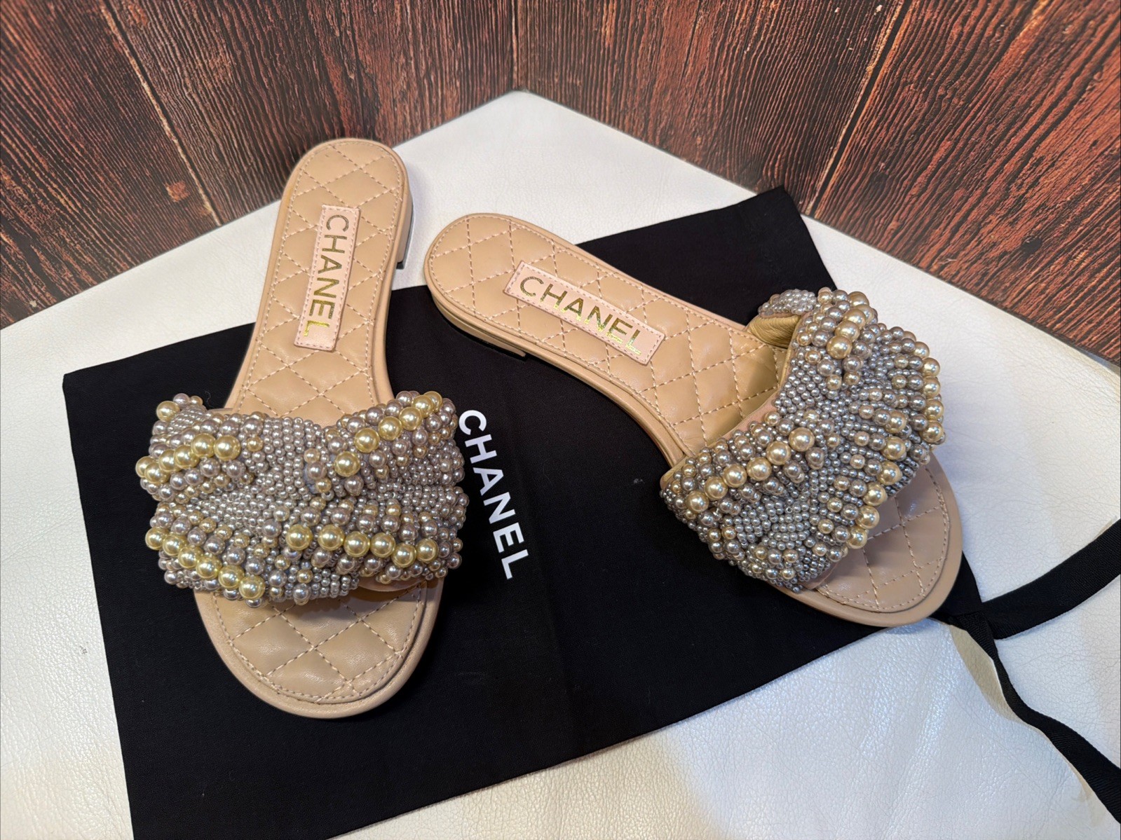 CHANEL Cuba Silver Gold Beige rope pearl twist slipper sandals EU37