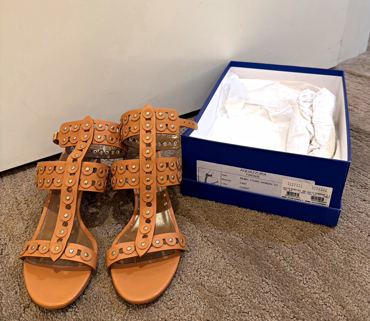 Aquazzura Brown Leather Strappy Studded Block Heel Sandals Ankle Strap EU 39.5