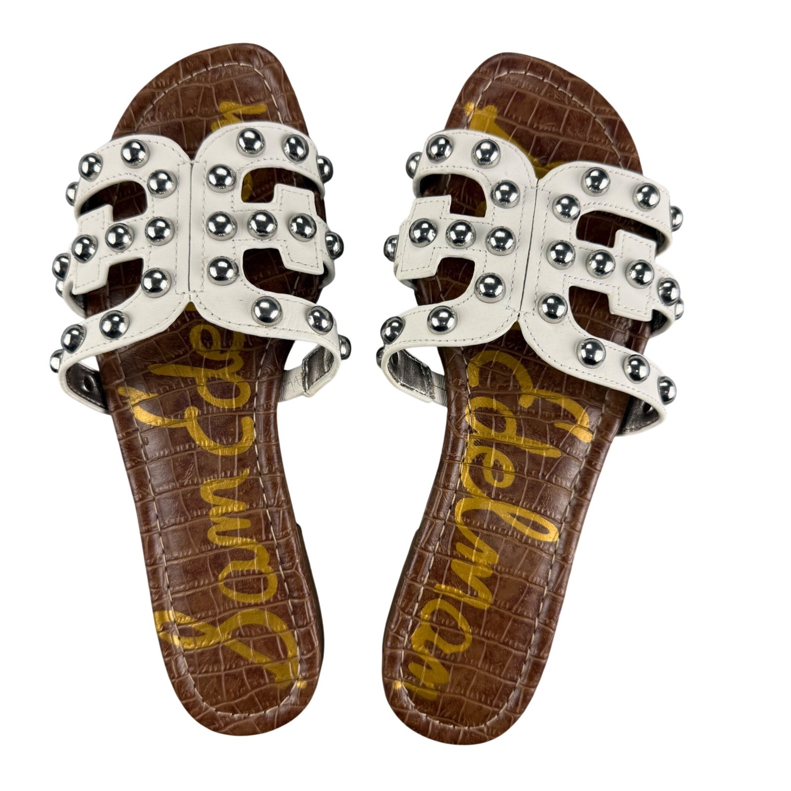 Sam Edelman Bay Studded Slide Sandals White Saddle Croc Embossed Leather 8.5