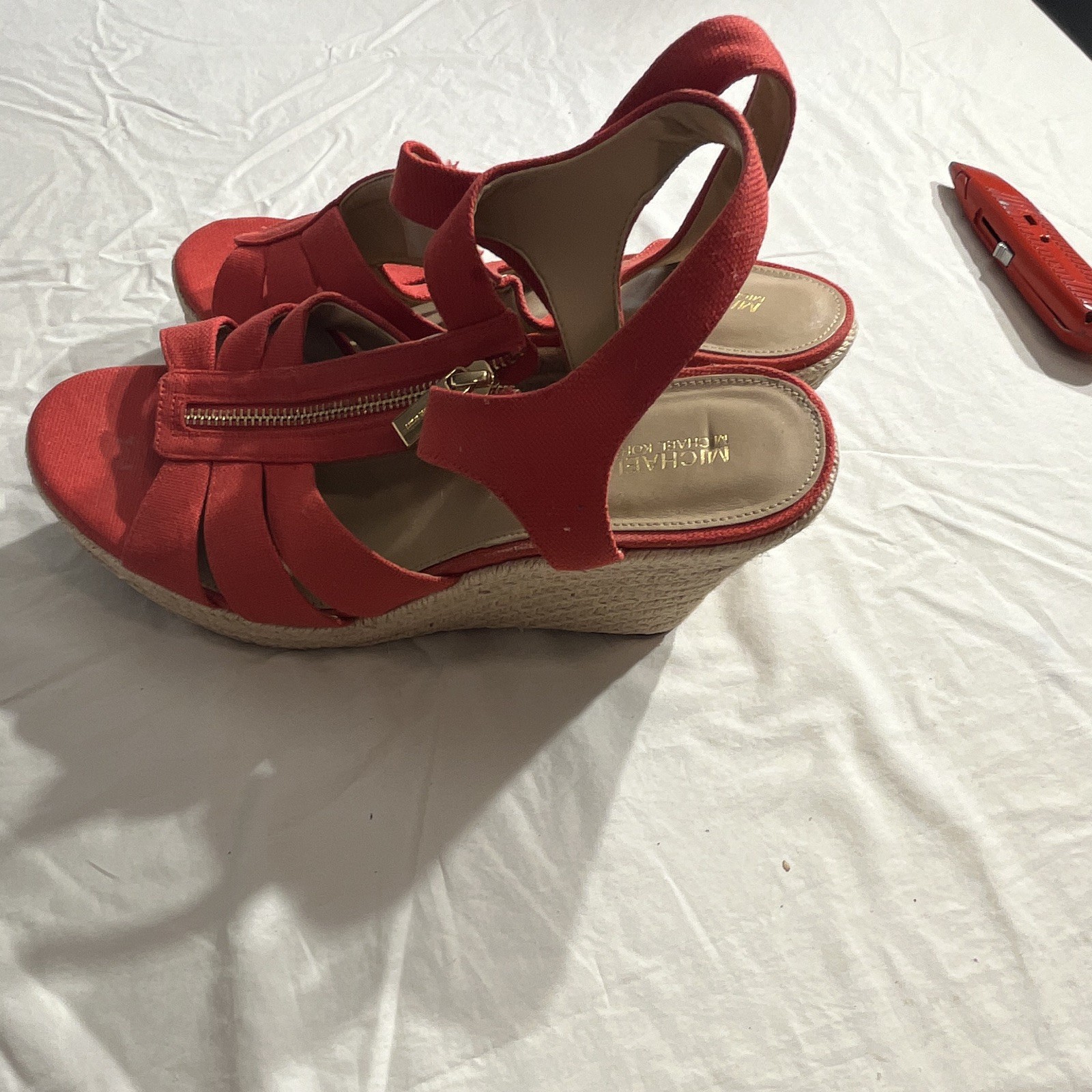 Michael Kors Red Textile Wedge Sandals Open Toe Zip Closure Ankle Strap US 11