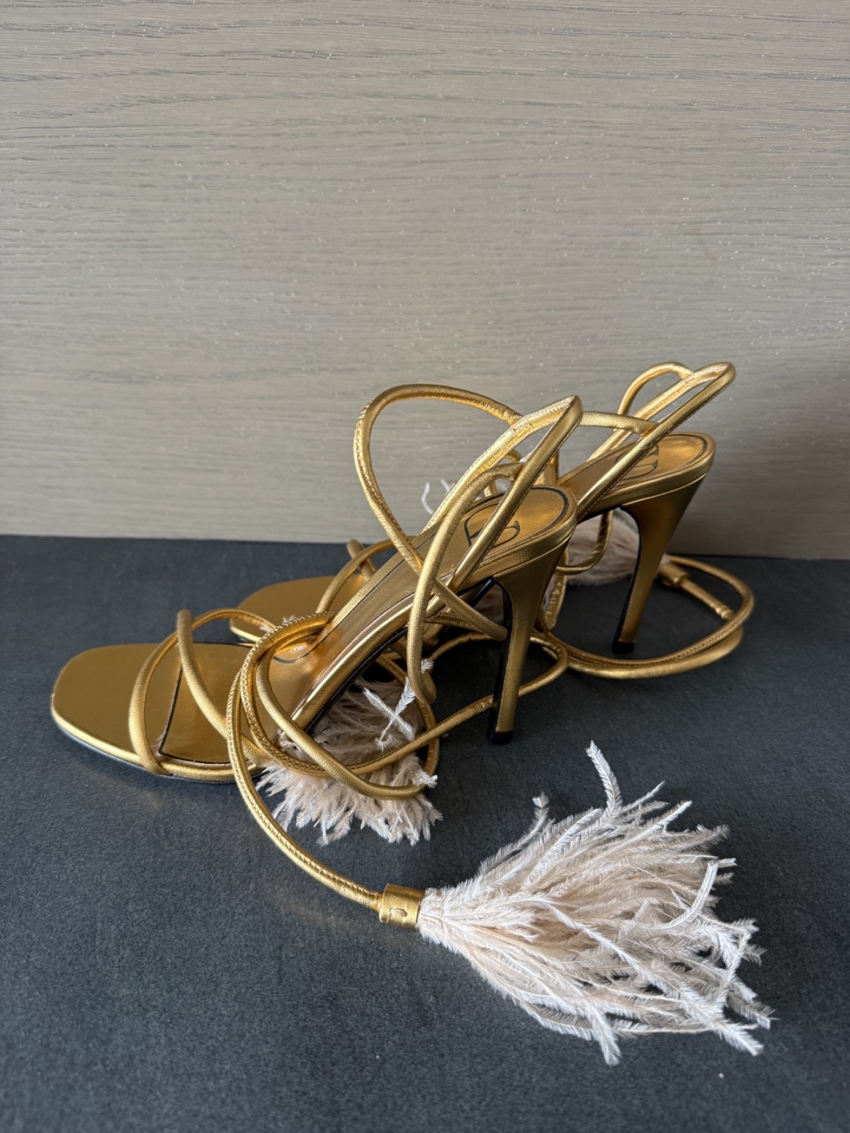 Valentino Garavani Upflair Gold Feather Wrap Sandals Size 38.5 With Box