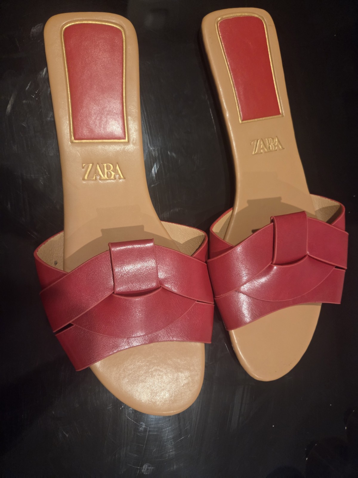 Zara Women’s Red Leather Logo Slide Sandals Slip-On Flat US 13 EU 43