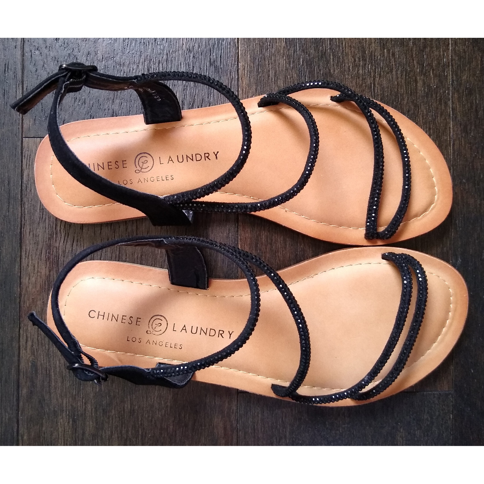 Chinese Laundry Womens Carley Flat Strappy Sandals Black Rhinestones Size 5.5M