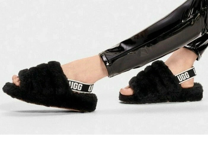 UGG Fluff Yeah Genuine Shearling Slingback Sandal Black With UGG Strap Size 7