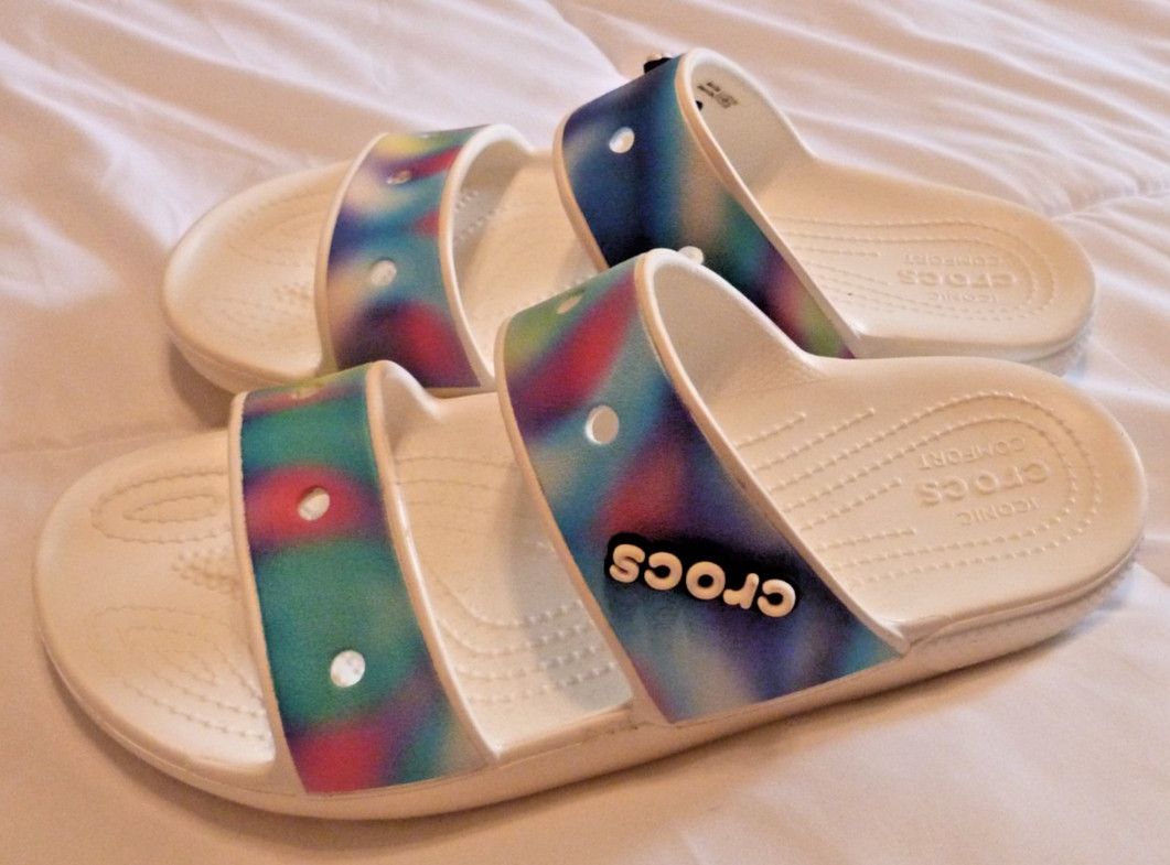 White Crocs Classic Solarized Tie Dye Graphic On Upper Two-Strap Sandals
