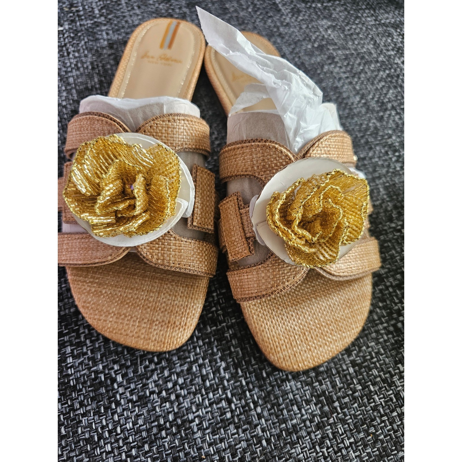 Sam Edelman Bay Flora Slide Sandals Womens 6.5 Tan Raffia New Gold Flower Flat