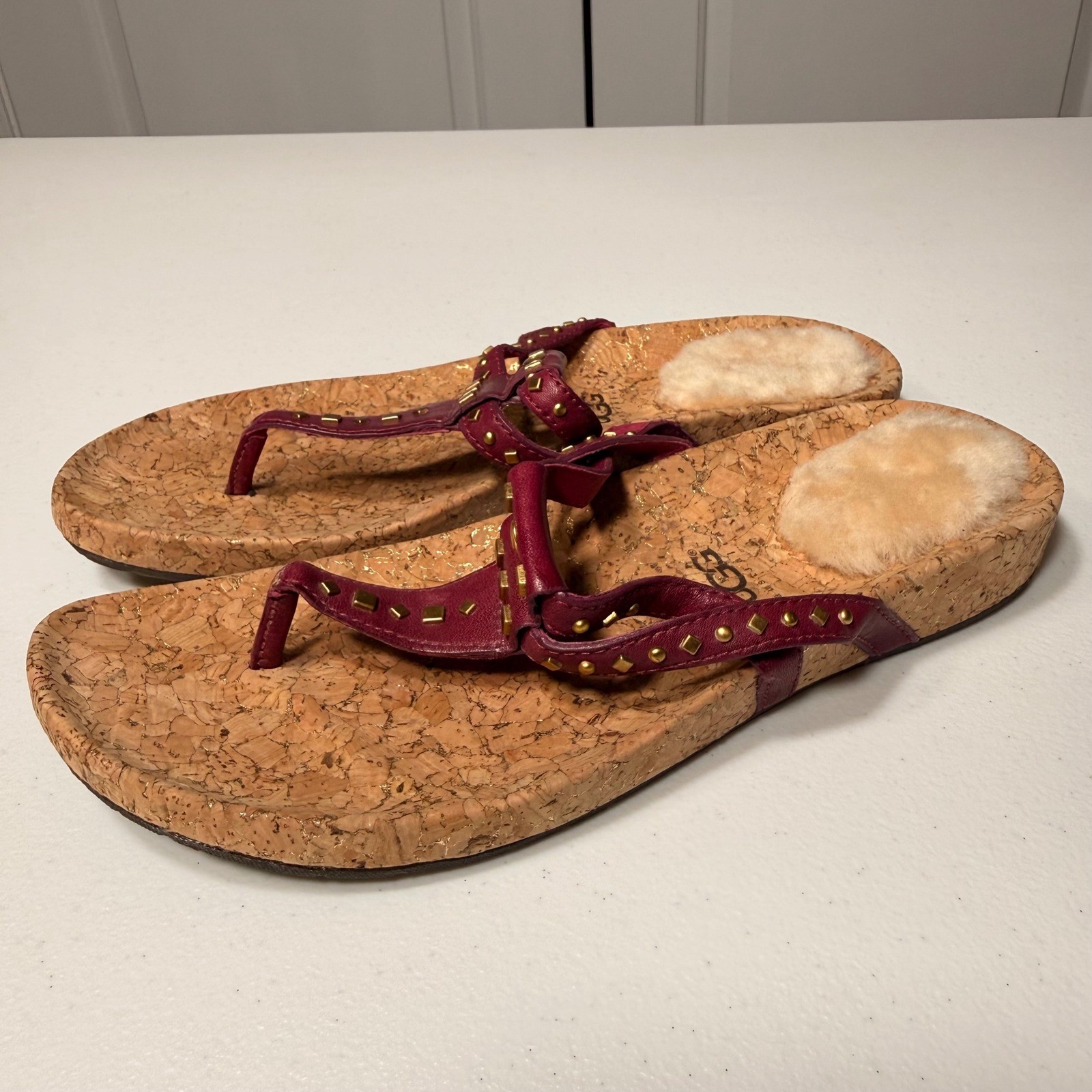 UGG Australia Studded Cork Platform Sandals Burgundy Leather Flip Flops Size 8