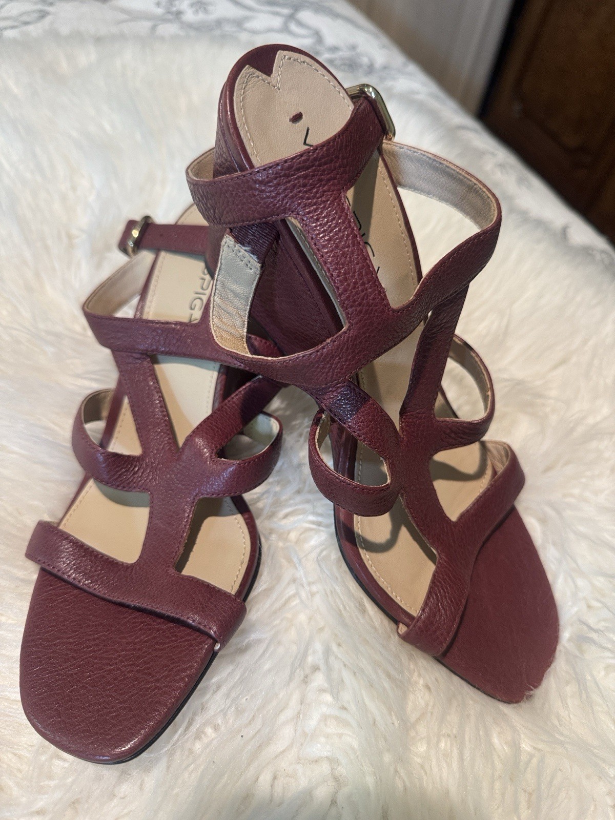 Via Spiga Burgundy Leather Strappy Wedge Sandals Sz 9