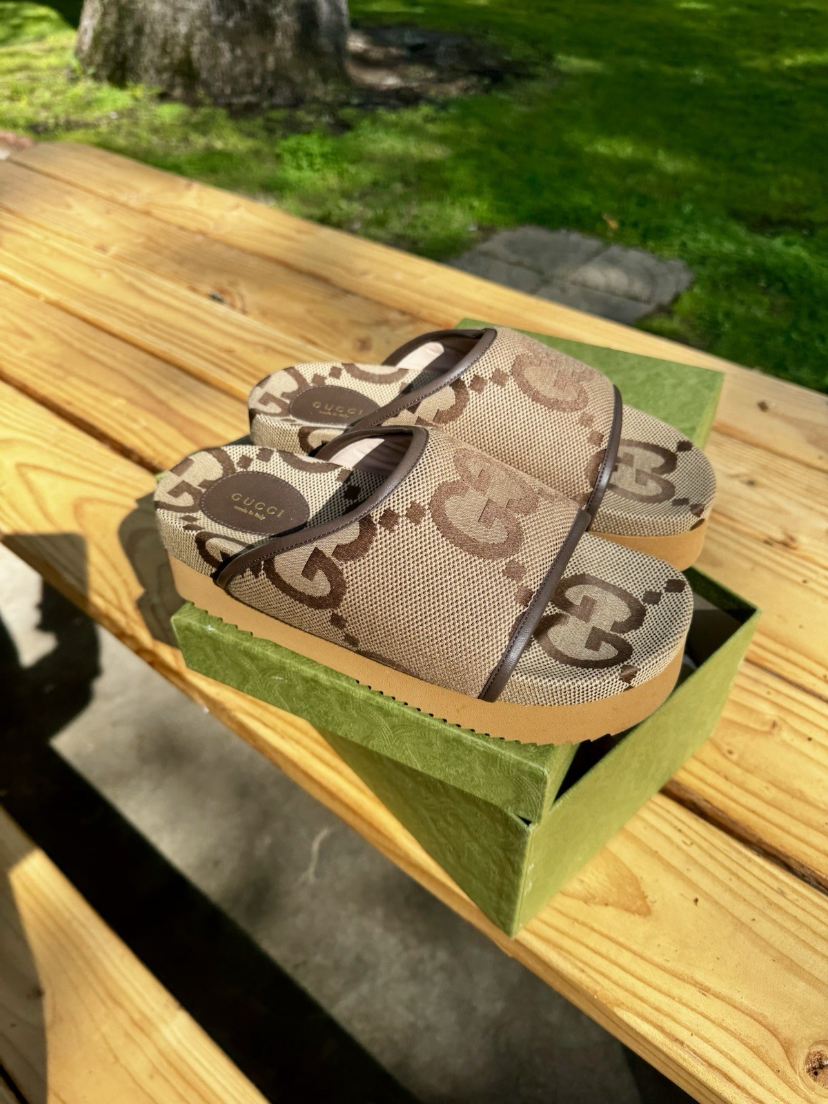 GUCCI GG JUMBO NAPPA CANVAS PLATFORM SLIDE SANDALS