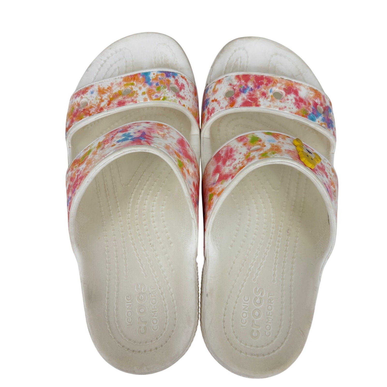 Crocs Slide Sandals Size 8 White Tie Dye Splatter Print Iconic Comfort Care Bear