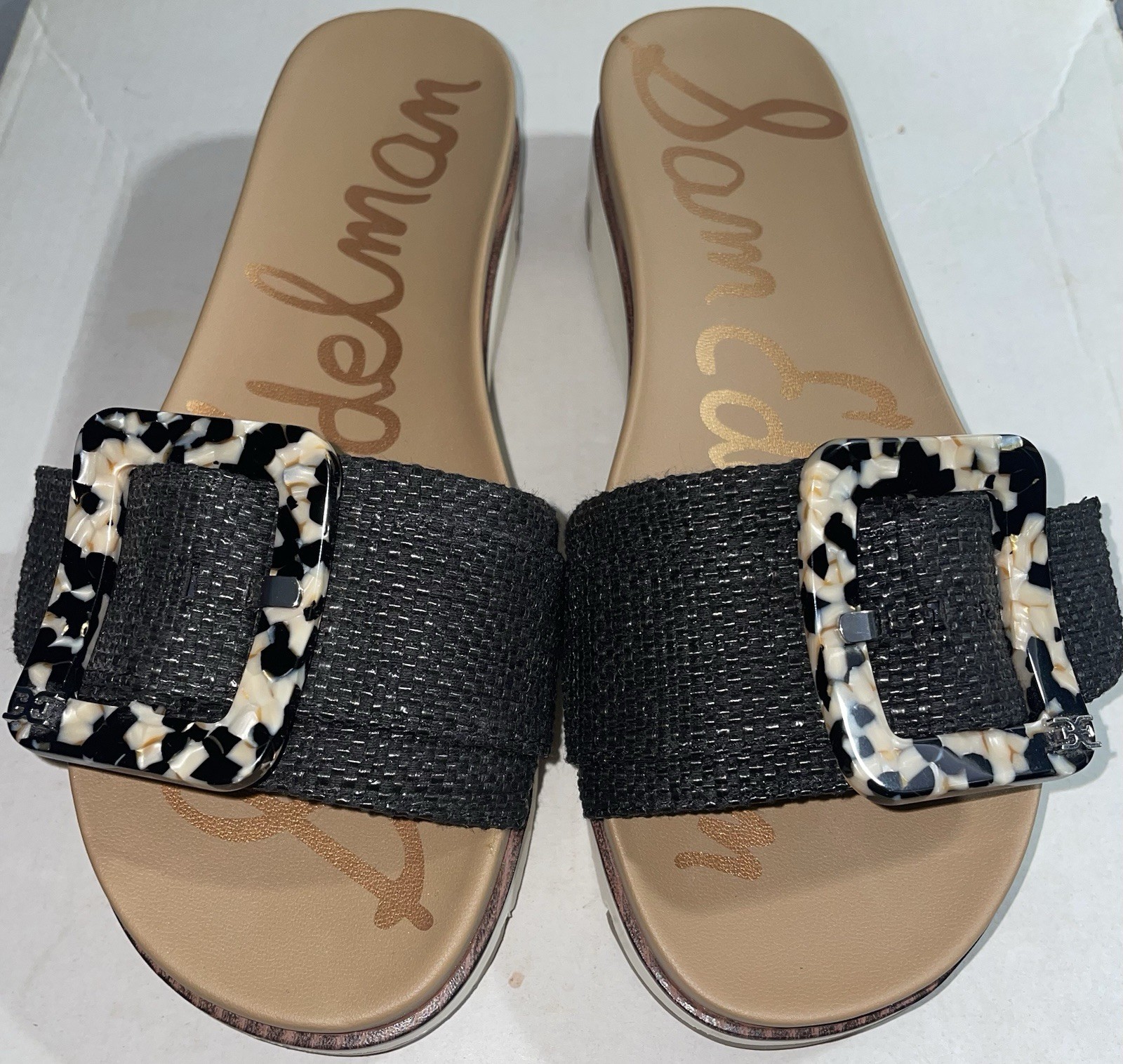 Sam Edelman Bay Slide Sandals Women’s Size 6 Black Raffia Tortoise Buckle