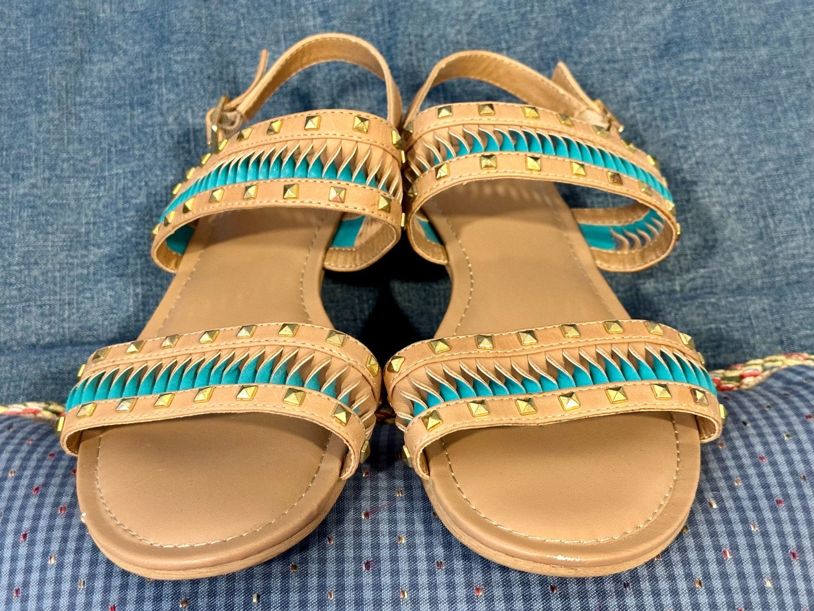 REBA Alana Sandals Tan/Aqua Twisted Leather Women’s 9.5 Ankle Strap Great Shape!