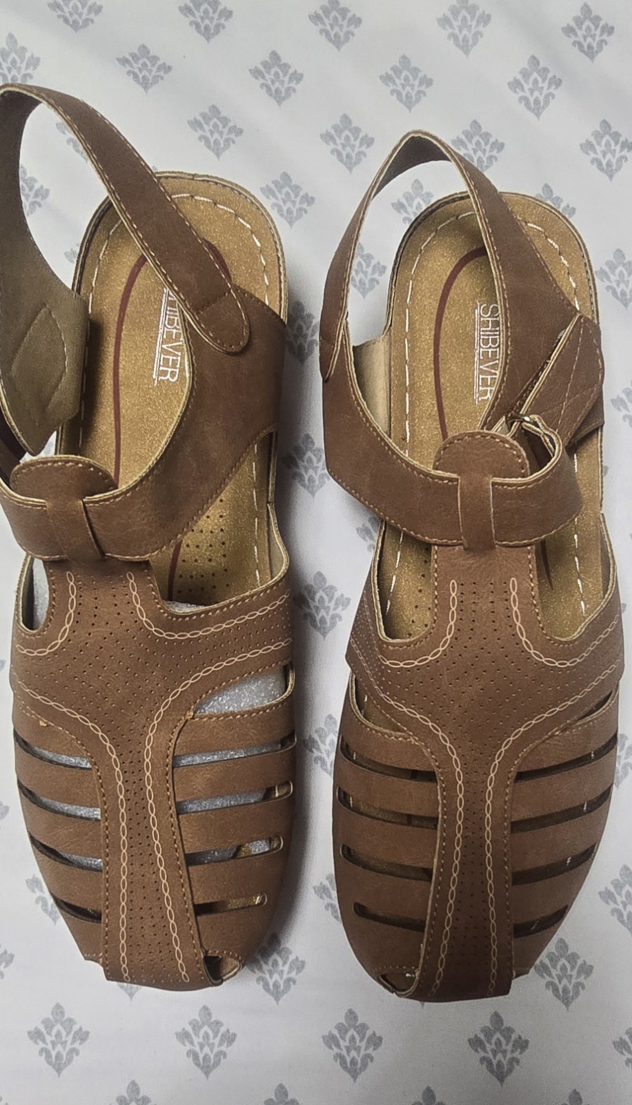 SHIBEVER Women’s Brown Faux Leather Wedge Sandals Hook & Loop Slingback Sz 10