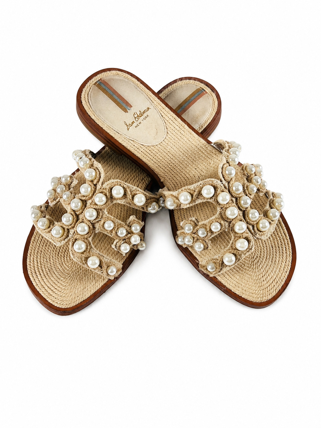 Sam Edelman Bay Soleil Cuoio Pearl Leather Slide Sandals Womens Raffia Flat 8.5