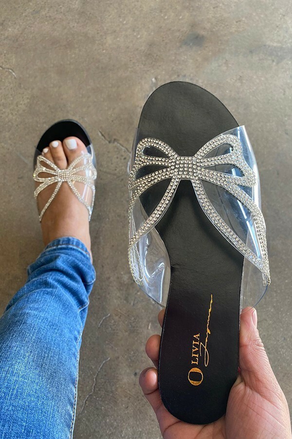 Women’s Diamond Rhinestone Clear Butterfly Open Toe Slip on Flat Sandals Slides