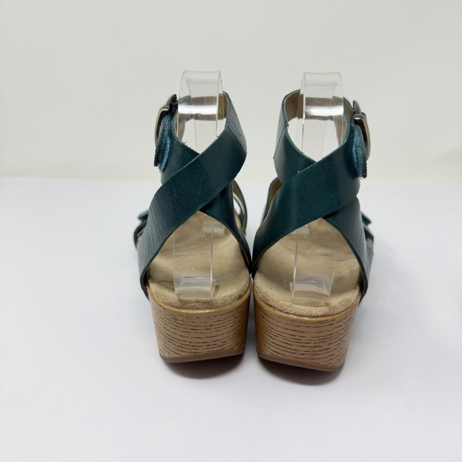 Dansko Lou Women’s 39 8 Wedge Sandals Ankle Strap Teal Green Leather Comfort