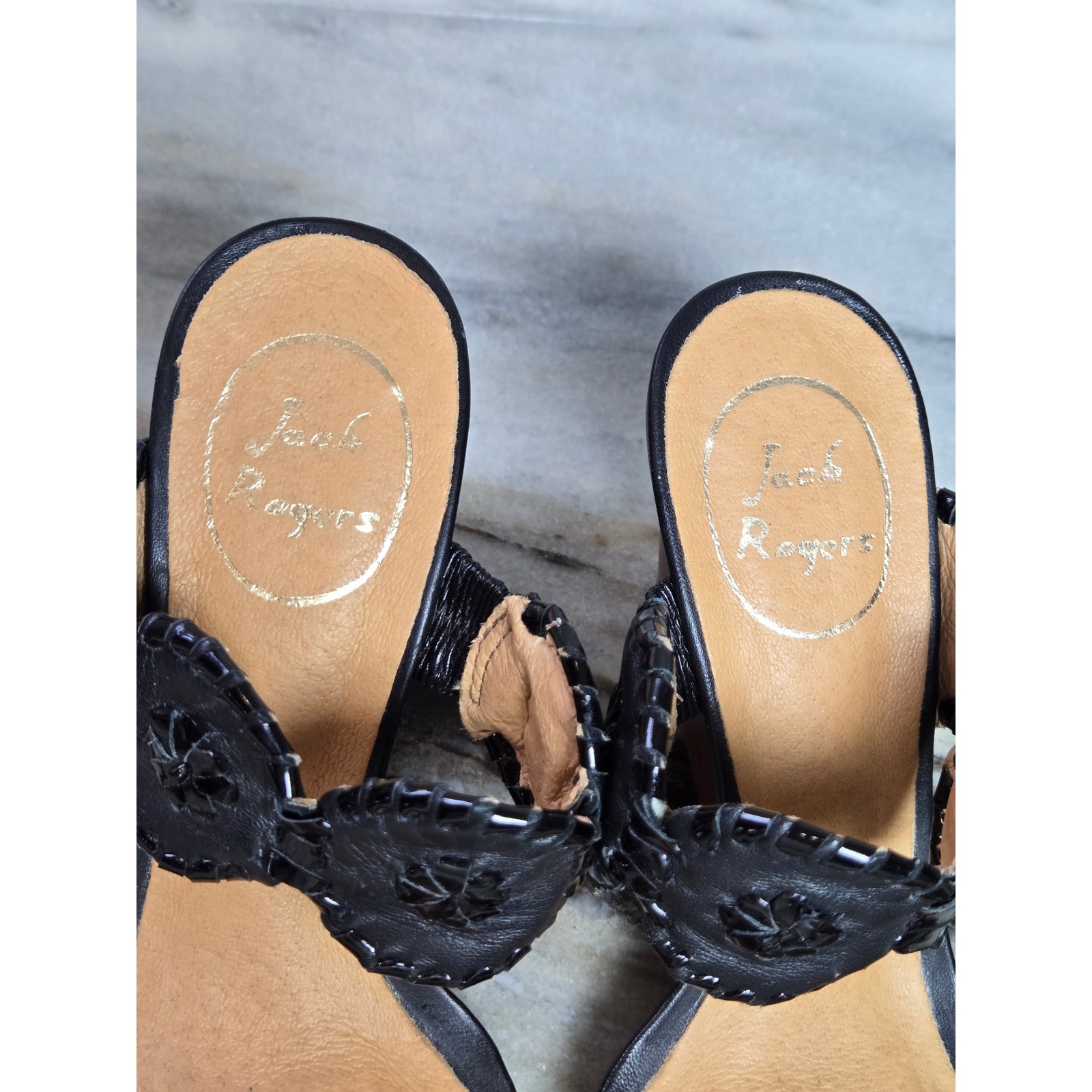 Jack Rogers Womens Black Leather Whipstitched Rondelle Wedge Sandals Size 6M