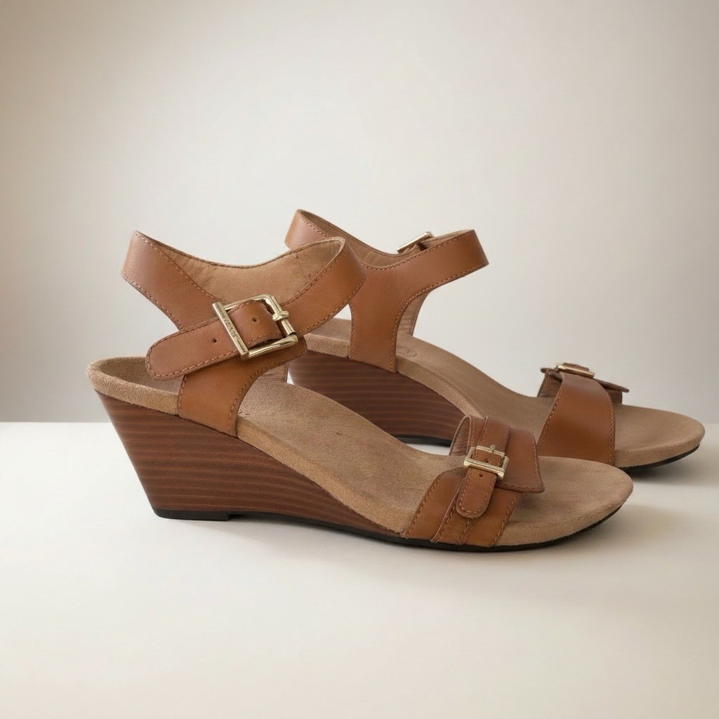 Vionic Laurie Leather Comfort Wedge Sandals Size 6 Cognac Arch Support Coastal