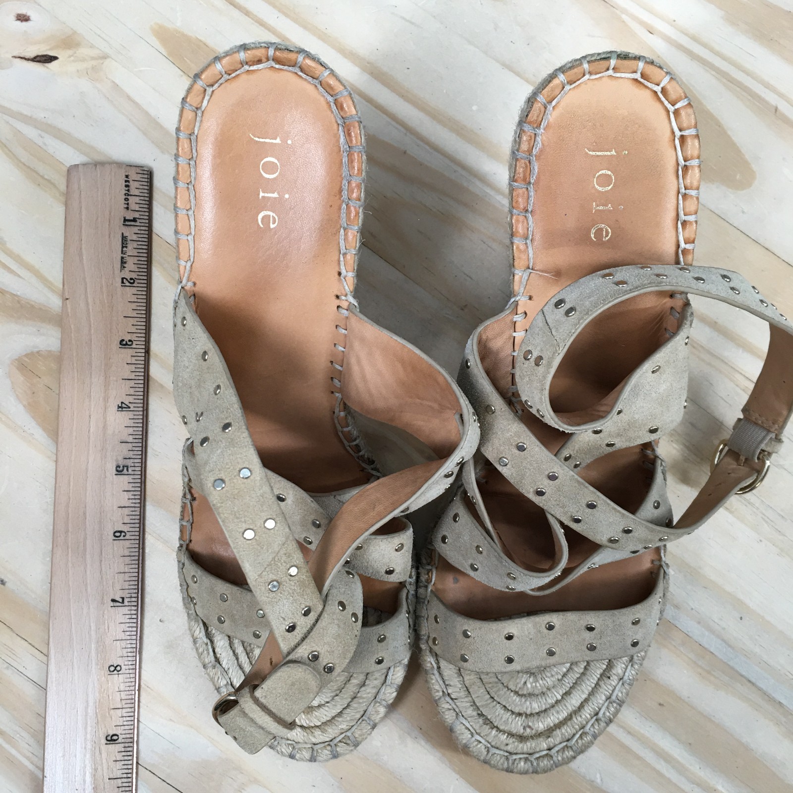 Joie Sandals Womens 38 Korat Studded Strappy Espadrille Wedge Brown Leather