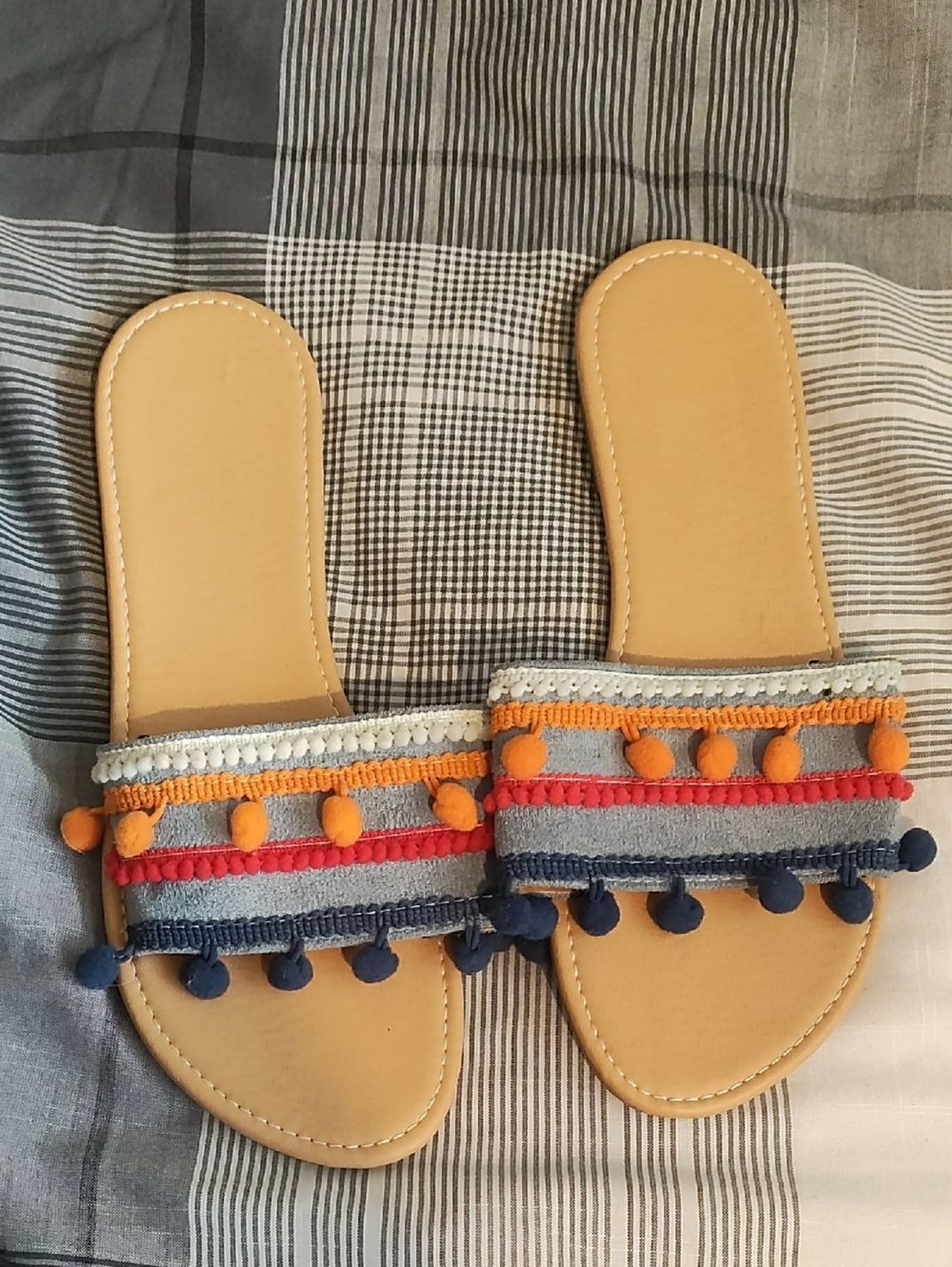 Source Unknown Tan Sandals with Orange, Red and Navy Pom Pom Trim