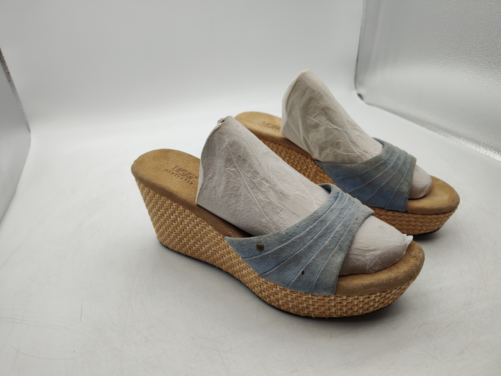 UGG Australia-Alvina Wedge Sandals-F89-Light Blue/Tan-Womens Size 7-Casual/Dress