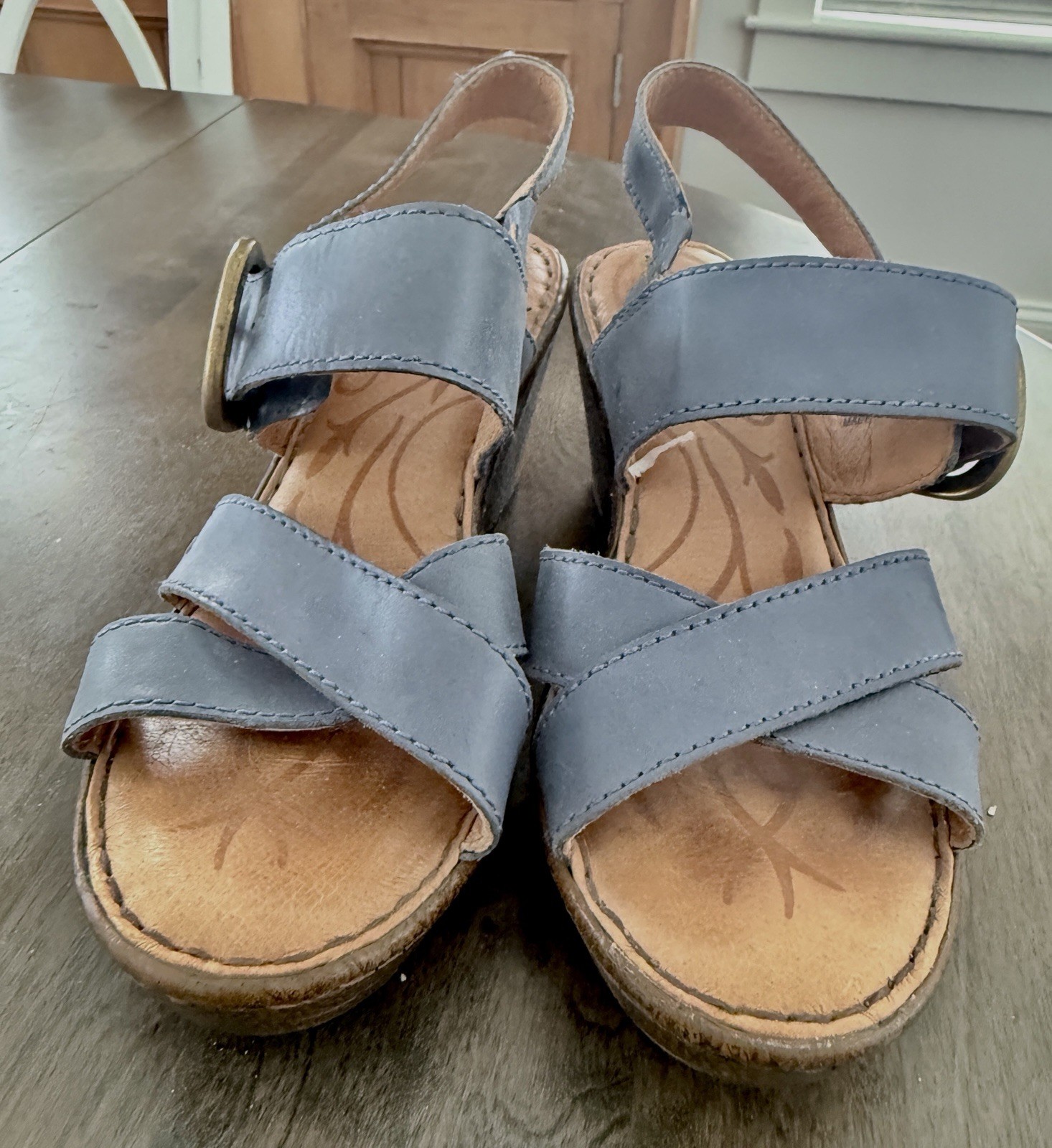Børn Blue Leather Buckle Wedge Strappy Sandals Women’s Casual Summer Spring
