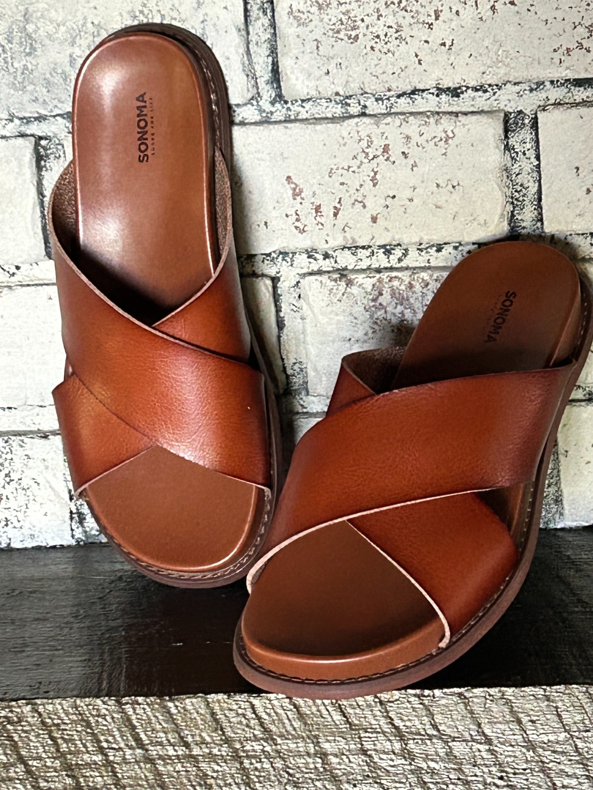 WOMENS’ LEATHER SONOMA CRISSCROSS SLIP-ON COGNAC SANDALS EUROPEAN STYLE SIZE 7M