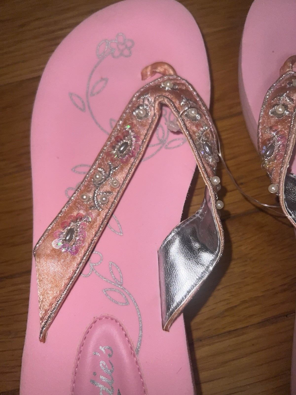 VTG Candies Women’s Sandals Sz Med (7/8) Pink With Silver, Pearls & Sequins NWT